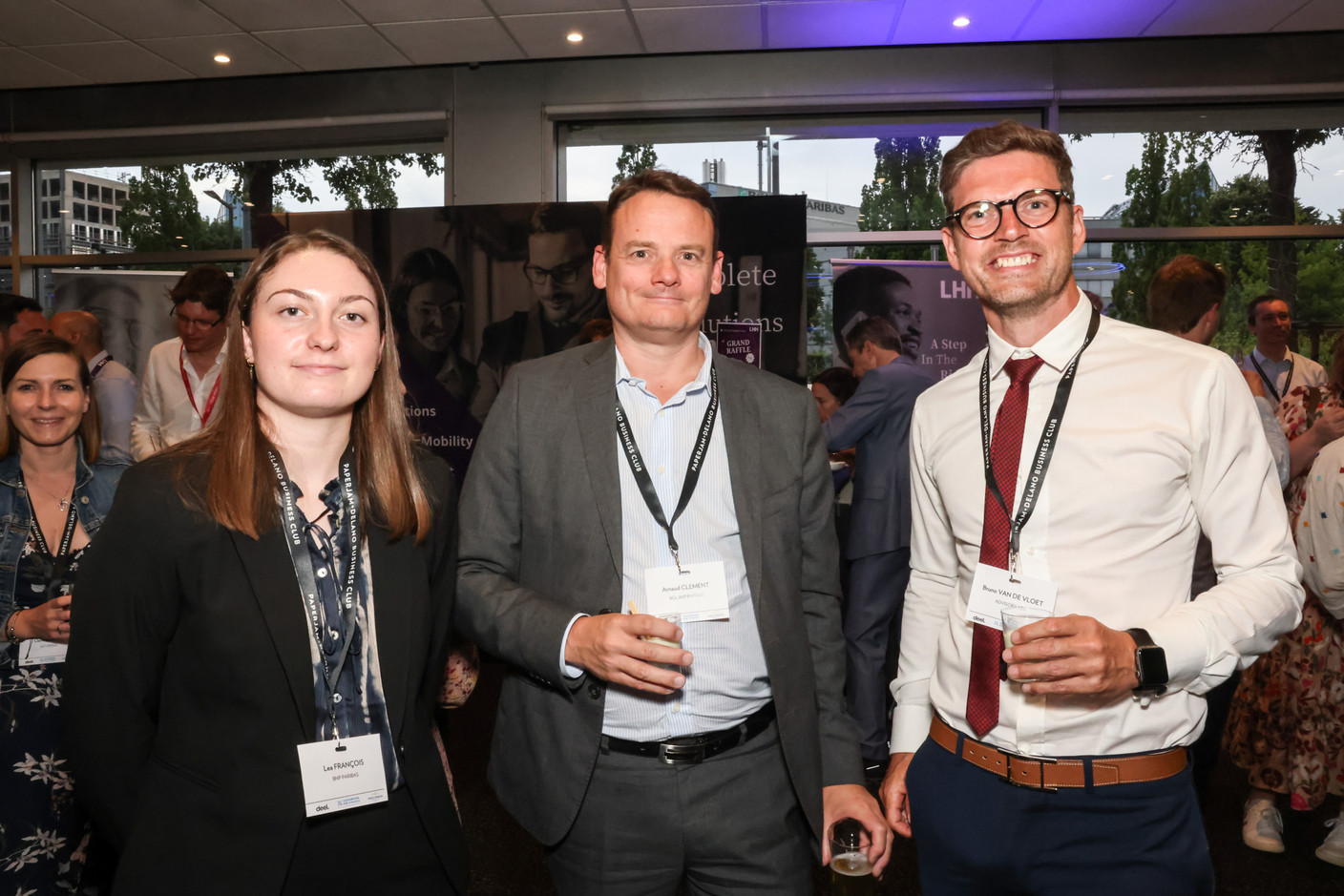 Lea François (BNP Paribas), Arnaud Clement (BGL BNP Paribas) and Bruno Van de Vloet (Advisory Key) at the 10x6 Talents event, organised by the Paperjam Club at the Kinepolis Kirchberg, 9 July 2024. Photo: Marie Russillo / Maison Moderne