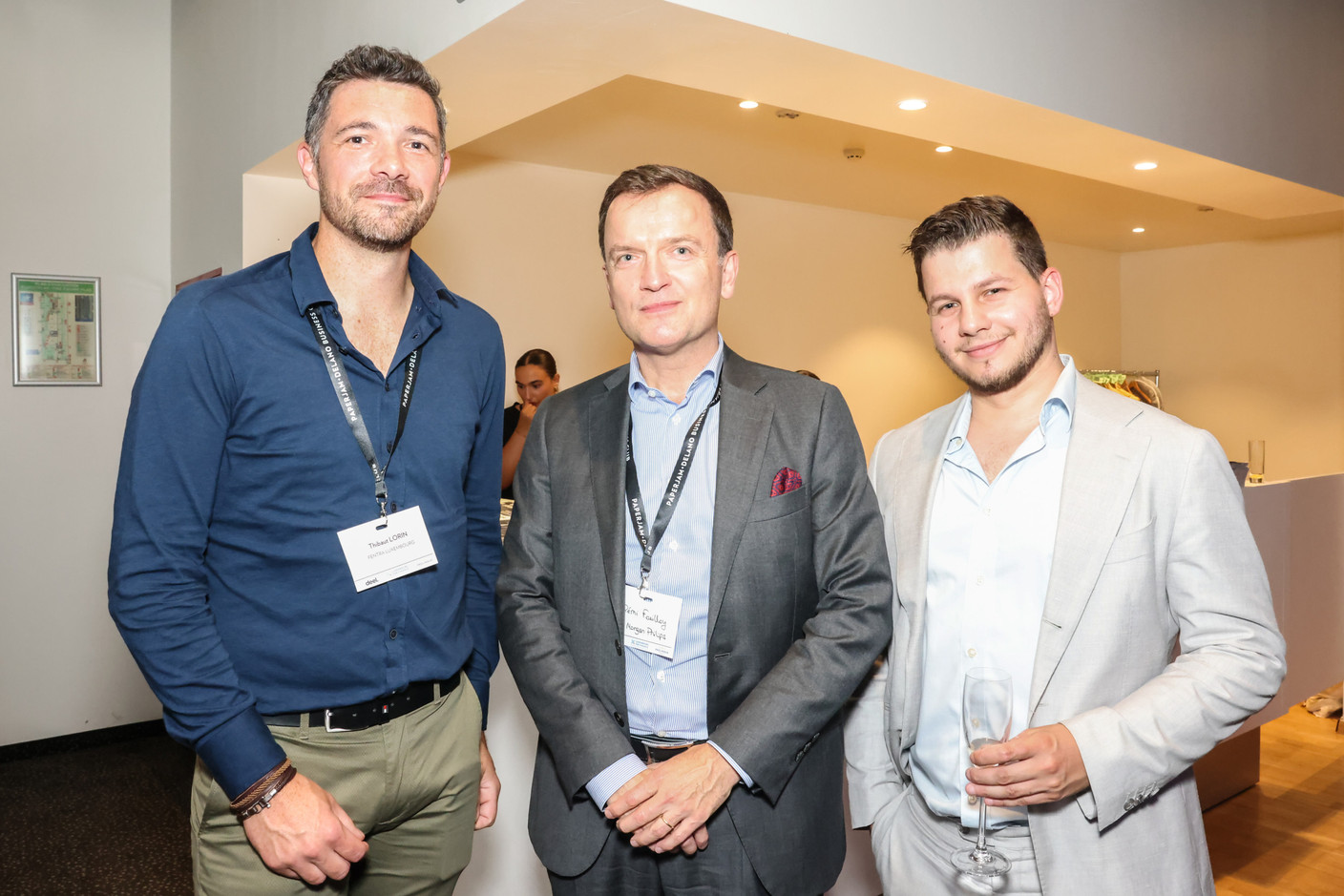 Thibaut Lorin (Fentra Luxembourg), Rémi Fouilloy (Morgan Philips) and Valentin Morello (Paperjam Business Club). Photo: Marie Russillo / Maison Moderne