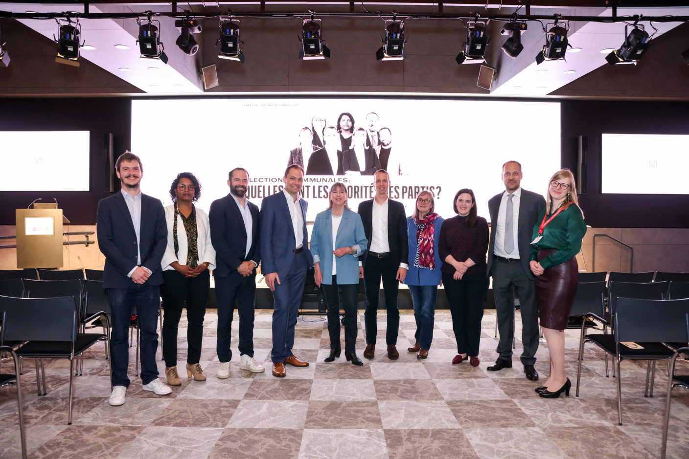 Pierre Pailler (Paperjam), Ana Correia da Veiga (déi Lénk), Gabriel Boisante (LSAP), François Benoy (déi Gréng), Lydie Polfer (DP), Serge Wilmes (CSV), Marie-Marthe Muller (Piraten), Cordula Schnuer (Delano), Alex Penning (ADR) and Katarzyna Bialek (Paperjam + Delano Business Club). Photo: Eva Krins/Maison Moderne