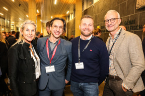 Simone Van Schouwenburg (Spuerkeess), Pierre-Yves Lanneau Saint Leger (Paperjam+Delano Business Club), Julien Bretnacher and Patrick Lesage (Takaneo) at the Generation Z 10x6 event on Tuesday 28 November 2023. Photo: Marie Russillo / Maison Moderne