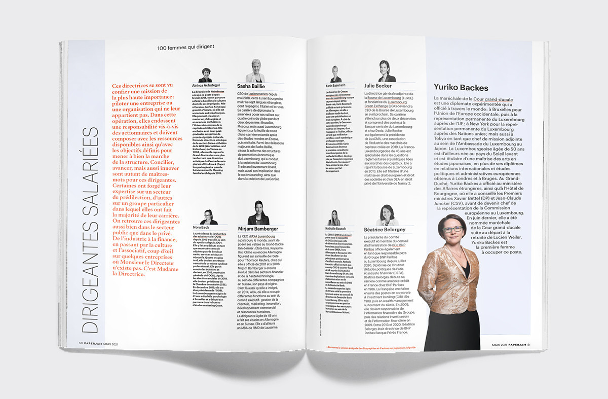 Les «100 femmes qui dirigent» présentées dans le magazine Paperjam sont réparties en trois catégories: «entrepreneures et associées», «dirigeantes salariées» et «C-level et commandantes spécialisées». (Illustration: Maison Moderne)