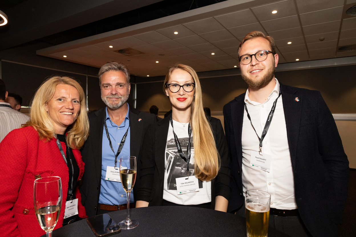 Saskia Van Rijswijk, Darren Robinson (Anderson Wise), Yulia Kulakova (Aztec Financial Services) and Pawel Galanty (Anderson Wise) at the Paperjam+Delano Business Club’s 10x6 Private Equity Outlook event, which took place at the Kirchberg Kinepolis, 18 June 2024. Photo: Eva Krins/Maison Moderne
