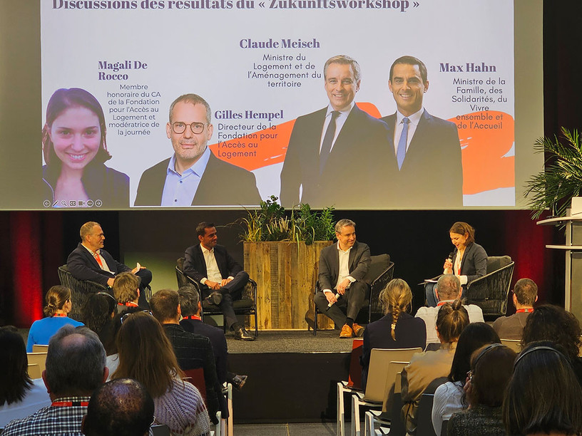 A key moment at the 15th anniversary conference of the Fondation pour l’Accès au Logement: Gilles Hempel (director of the Fondation pour l’Accès au Logement) alongside minister Max Hahn, minister Claude Meisch and Magali de Rocco. Photo: Fondation pour l’Accès au Logement