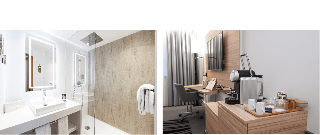 Salle de bains et machine Nespresso en Chambre SUPERIEURE. (Photos: Simon Piraux & Mathieu Leick)