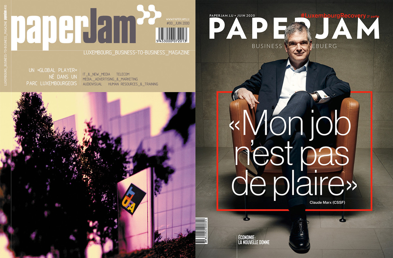 20 ans séparent ces deux couvertures de Paperjam. La première (à gauche) fut celle du numéro zéro, paru en juin 2000. Celle de droite est celle du dernier numéro, en date de juin 2020.  (Photo: Maison Moderne)