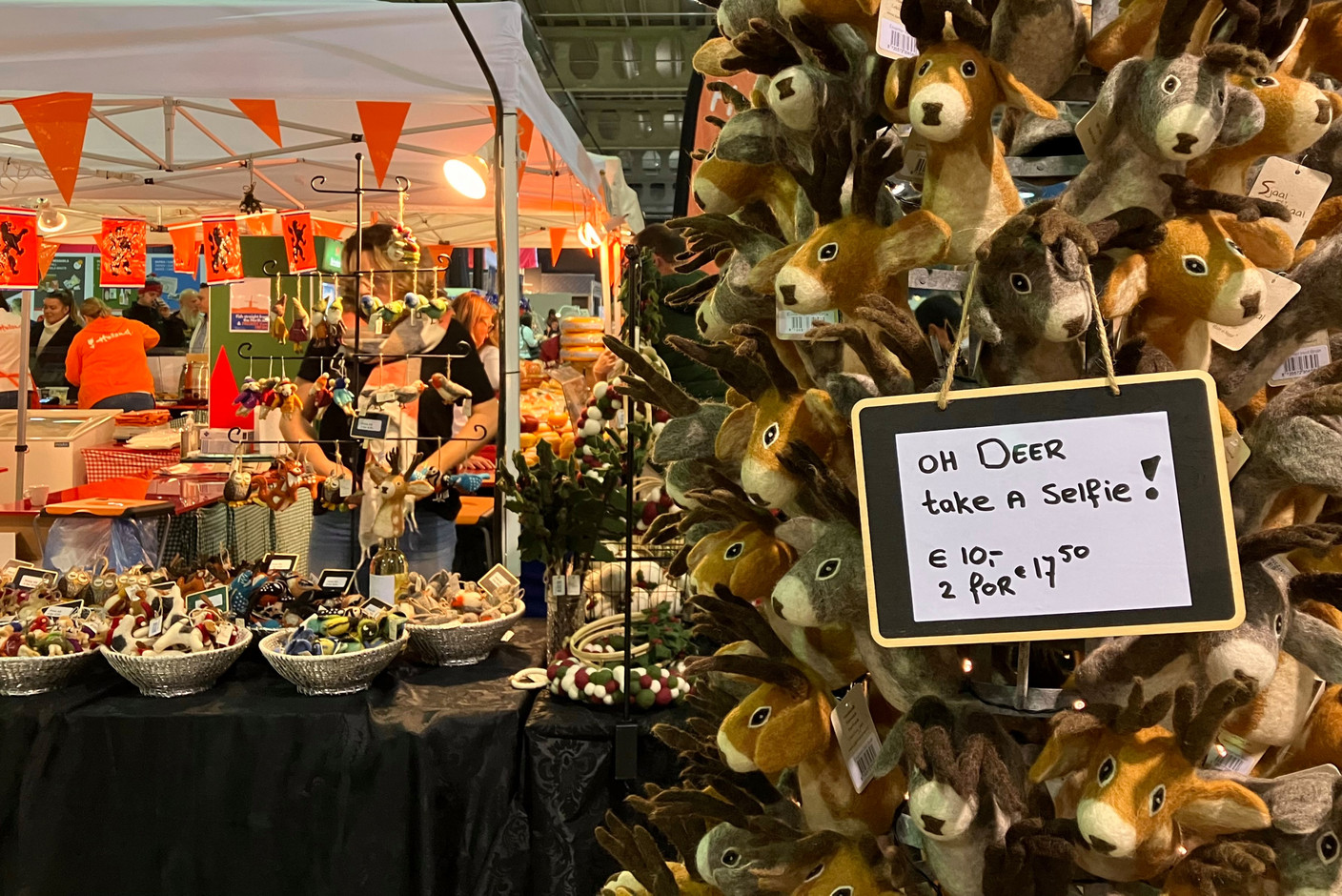 Deer puppets, other animal-themed decorations, cheese, liquorice and traditional stroopwafels were some of the items available for sale at the Dutch stand. Photo: Lydia Linna/Maison Moderne