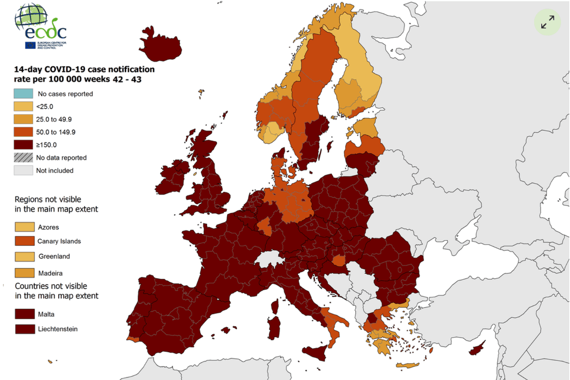 Le taux d’incidence des deux dernières semaines dépasse 150 cas pour 100.000 habitants dans la grande majorité des pays européens. (Capture d’écran: ECDC)