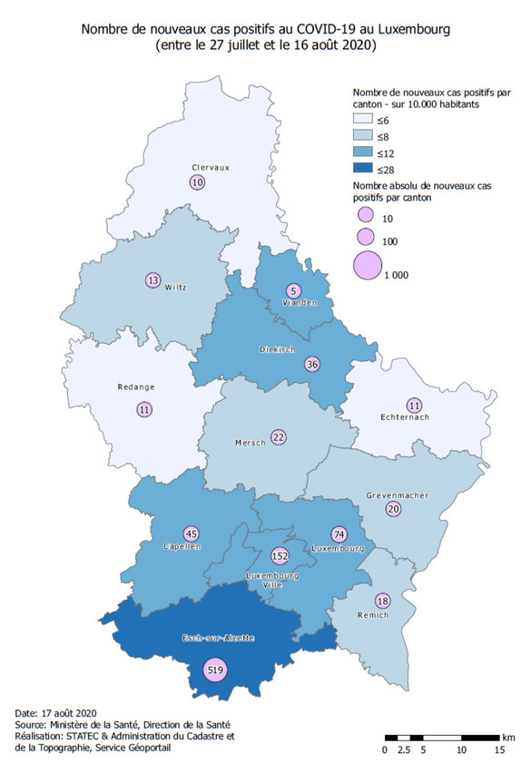 Le canton d’Esch-sur-Alzette continue de concentrer le plus d’infections en raison de sa plus grande densité de population. ministère de la Santé