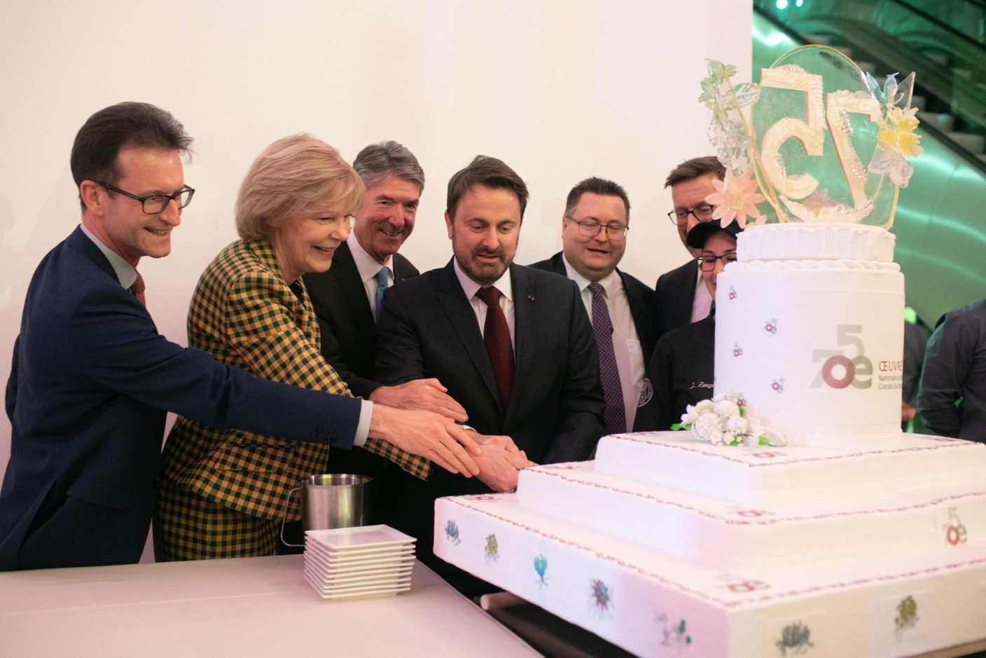 Carlo Thelen (Chambre de commerce), Pierre Bley (Président de l'Œuvre), Xavier Bettel (Premier ministre) et Emile Lutgen (Directeur de l’Œuvre) (Photo: Matic Zorman/Maison Moderne)