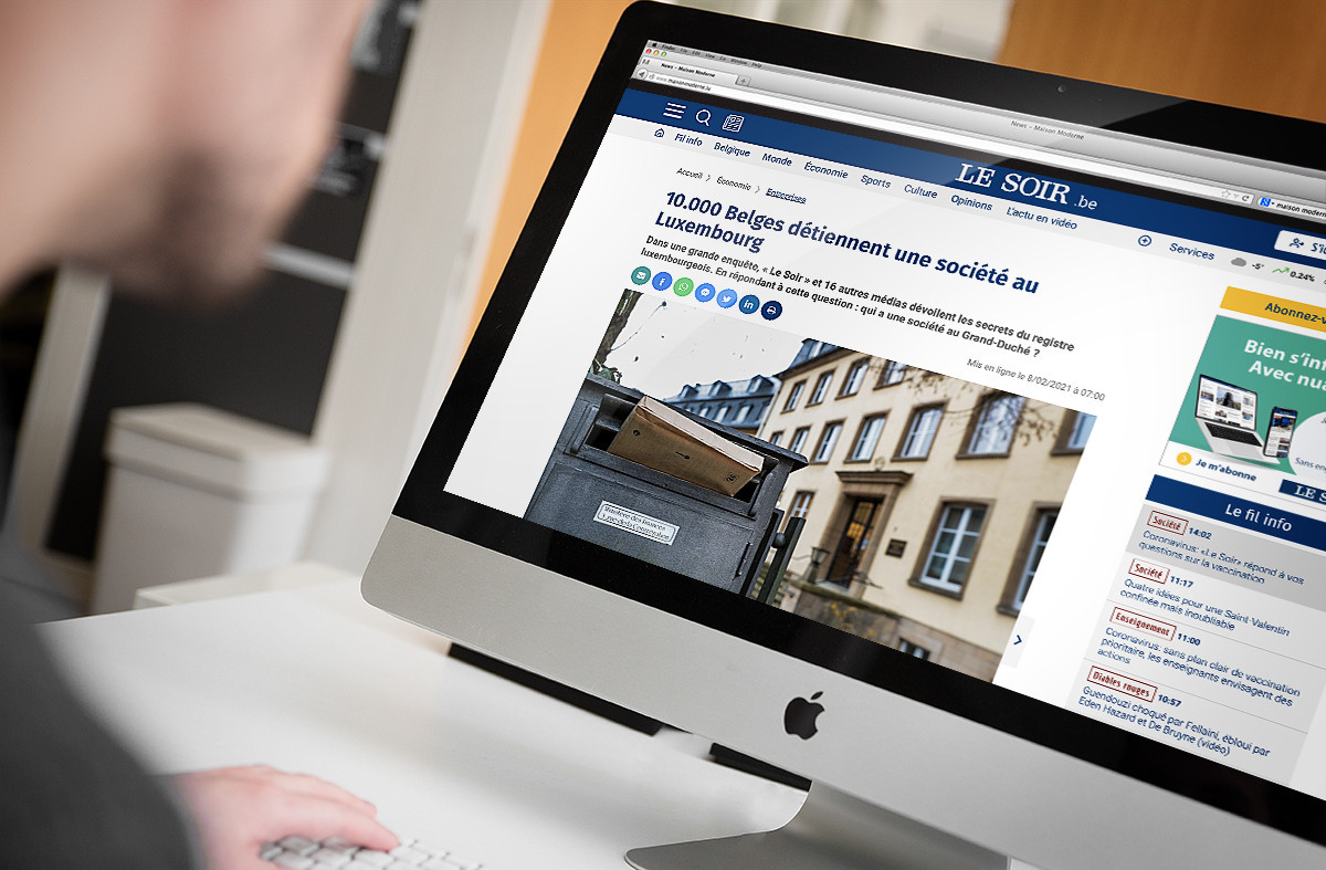 La une du journal Le Soir fait référence aux 10.000 Belges identifiés à la tête d’entités luxembourgeoises. (Photomontage: Maison Moderne)