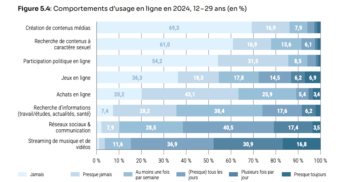 As well as streaming, social networks and searching for information, young people also spend time on online games.  (Graph: Youth Survey Luxembourg)