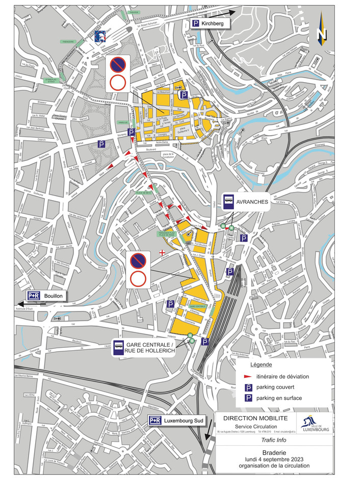 Traffic will be adjusted during the Grande Braderie on Monday 4 September. Map from Luxembourg City