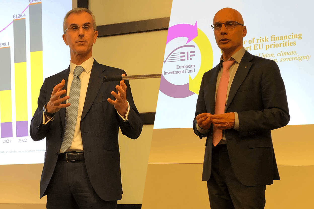 Delano attended the European Investment Fund’s presentation: “The EIF: a 30 year (b)old investor in European private markets.” The event was hosted by the CFA Society Luxembourg on 27 February 2024. Pictured: Marco Natoli, head of sustainable growth and investments, and Remi Charrier, head of institutional client relationships, both at EIF. Photos: Sylvain Barrette, Montage: Maison Moderne