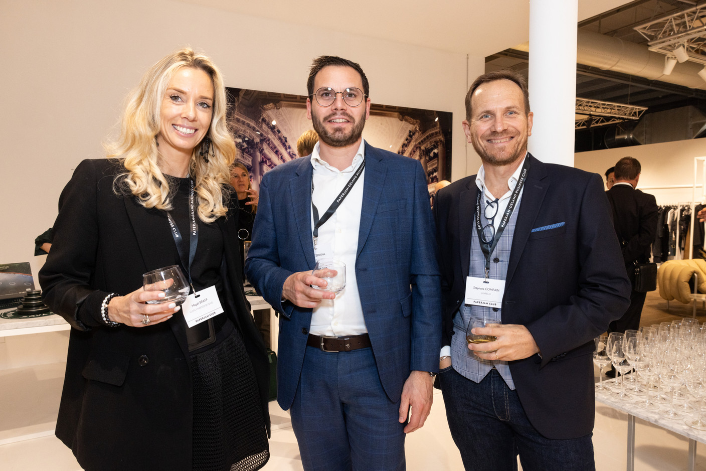 Magali Braff (Luxfly Indoor Skydive), Jérôme Terrana (Proximus) and Stéphane Compain (LuxRelo) at the Paperjam Club’s Let’s Taste: Caviar & Champagne event, held at the Smets Concept Store, 14 November 2024. Photo: Eva Krins/Maison Moderne