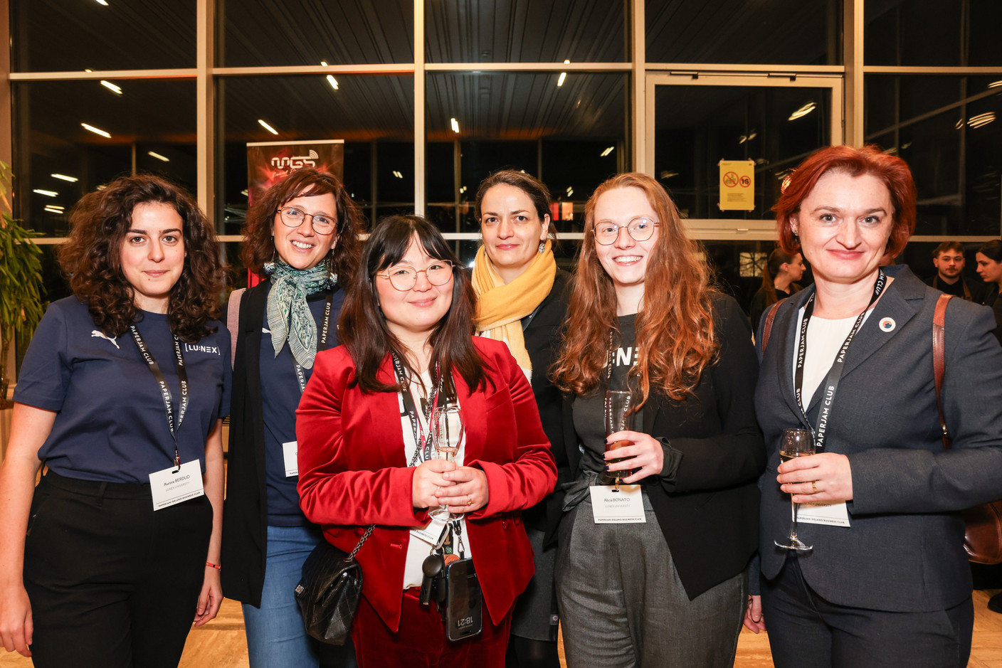Aurore Berdud, Goizeder Casas, Hana Tolio, Laetitia Desmartin, Alicia Bonato and Mihaela Bozonca (Lunex University) at the Generation Z 10×6 event on Tuesday 28 November 2023. Photo: Marie Russillo / Maison Moderne