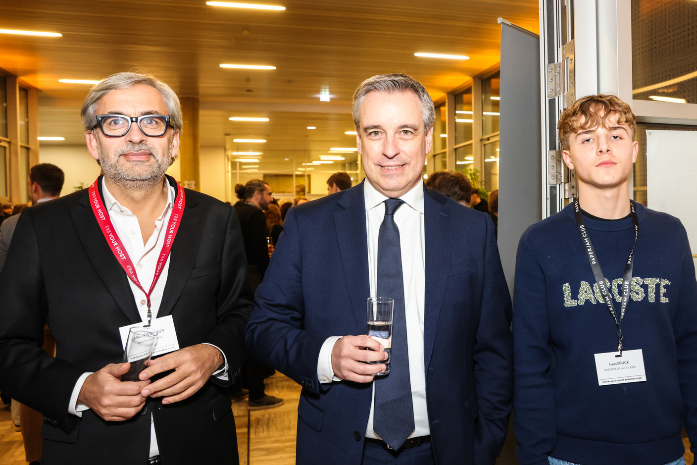 Mike Koedinger (Maison Moderne), Claude Meisch (DP, minister for national education, children and youth) and Louis Bruck (culture ministry) at the Generation Z 10×6 event on Tuesday 28 November 2023. Photo: Marie Russillo / Maison Moderne