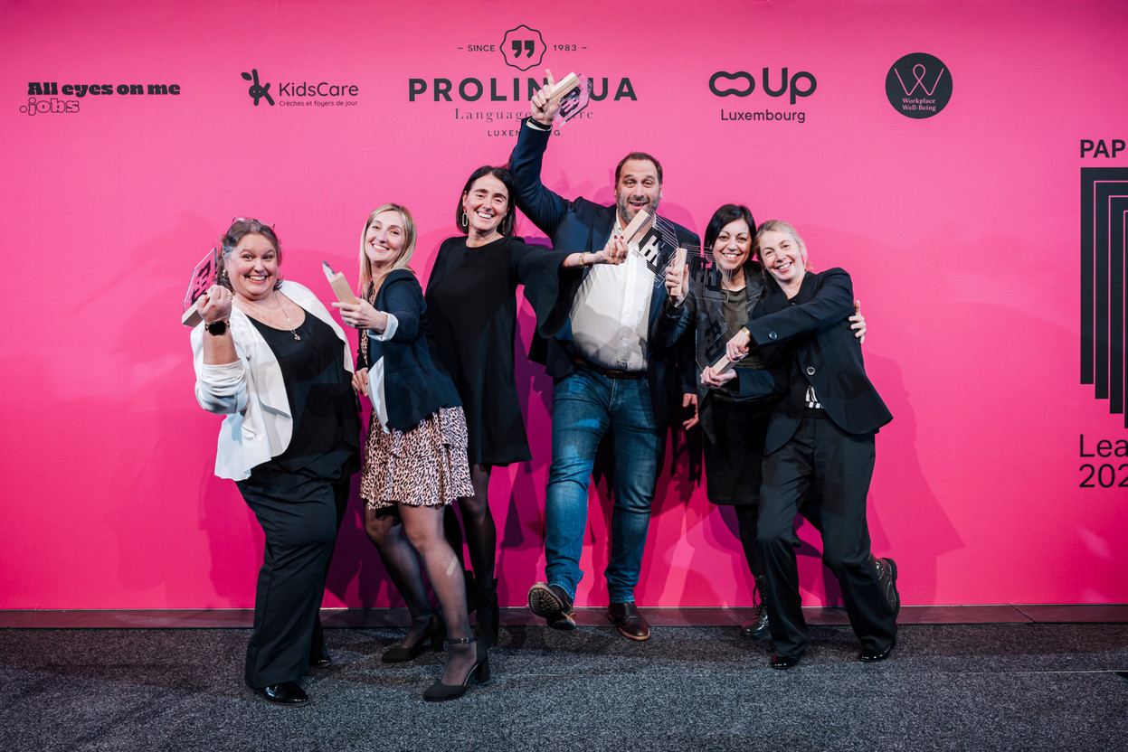 Caroline Lamy (House of Training), Tatiana Escure (Stëmm vun der Strooss), Florence Martin (Foyer), Julien Bossu (CDCL), Susanne Cardoso (Rockhal) and Karine Rollot (Robert Schuman Hospitals). Photo : Julian Pierrot / Paperjam