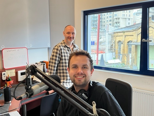 Tom Clarke (front) and newsreader Simon Claridge in the Ara radio studio. Tom starts as the new breakfast show host on Ara City Radio on Monday 29 November. Ara City Radio