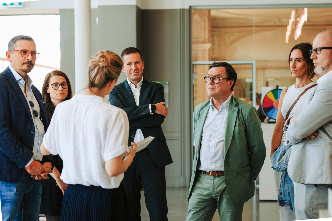 François Dauphin (Adecco), Sarah Rohr (Päiperleck), Nicolas Courtin (Atos), Wladimir de Kéchilava (Yours), Laetitia Hamon (Luxembourg Stock Exchange) and Nicolas Heftre (Novotel Luxembourg Kirchberg). Photo: Julian Pierrot/Paperjam
