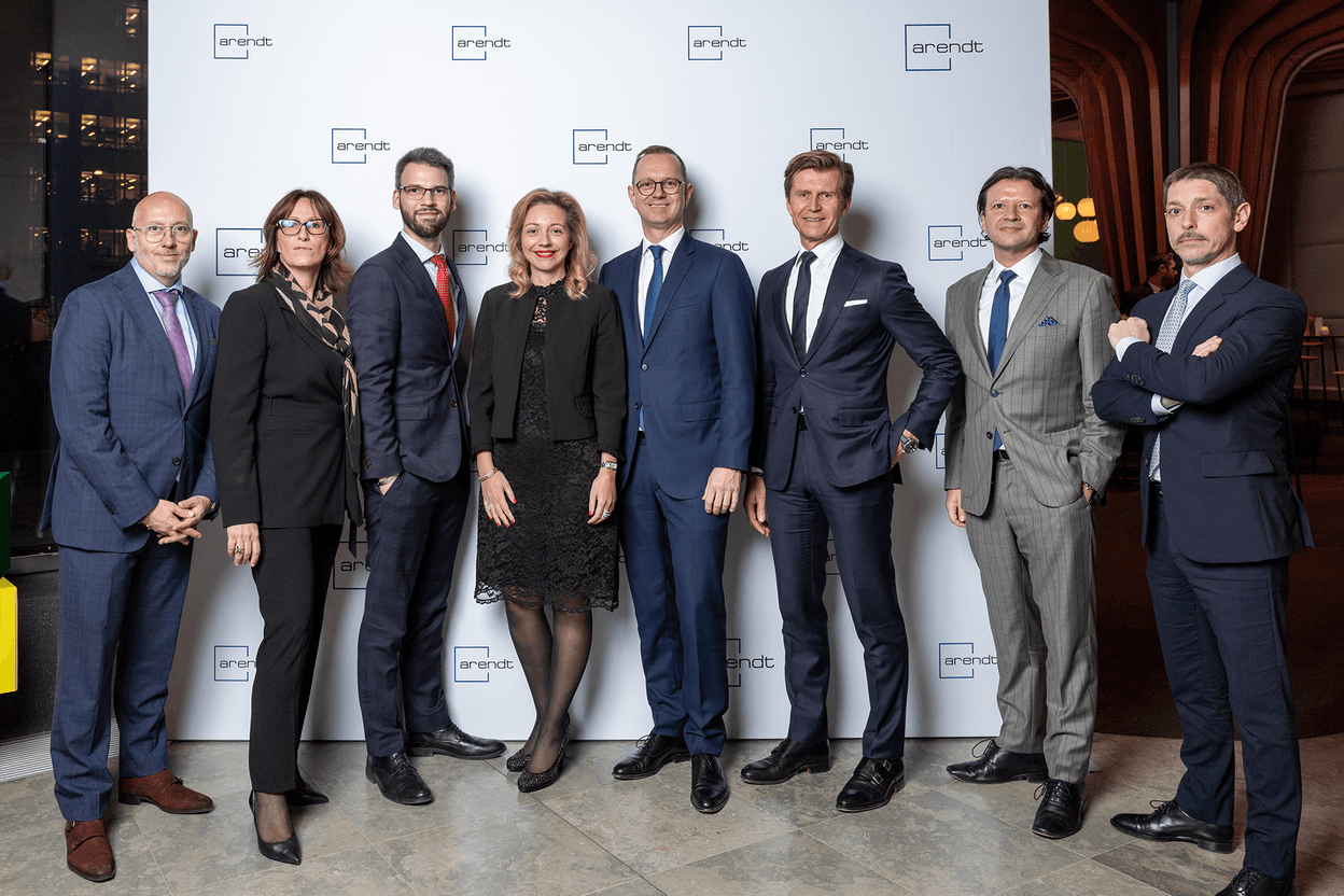 from left to right: Michel Iannone (Operational AML & Compliance Services Director); Véronique Marty (Corporate Services Director); Quentin Gillois (Fund Administration Services Director); Stéphanie Maschiella (Tax Compliance Direct, Partner); Christian Heinen (Chief Executive Officer, Partner AIS); Claude Niedner (Co-Chair, Partner); Christophe Lentschat (Governance Services Director); Jean-Daniel Zandona (Chief Commercial Officer).
 Photo: (Emmanuel Claude/Focalize/Arendt)