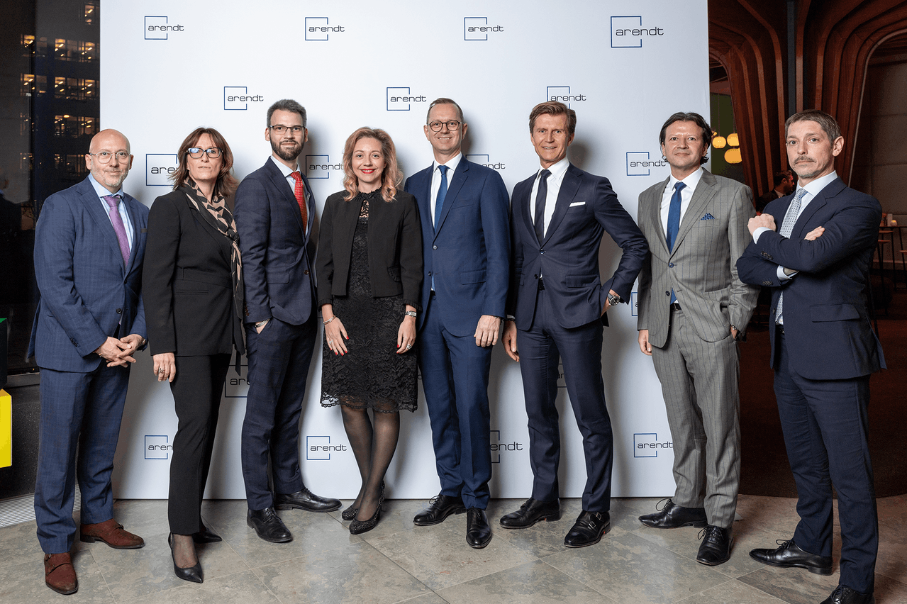 from left to right: Michel Iannone (Operational AML & Compliance Services Director); Véronique Marty (Corporate Services Director); Quentin Gillois (Fund Administration Services Director); Stéphanie Maschiella (Tax Compliance Direct, Partner); Christian Heinen (Chief Executive Officer, Partner AIS); Claude Niedner (Co-Chair, Partner); Christophe Lentschat (Governance Services Director); Jean-Daniel Zandona (Chief Commercial Officer).
 Photo: (Emmanuel Claude/Focalize/Arendt)