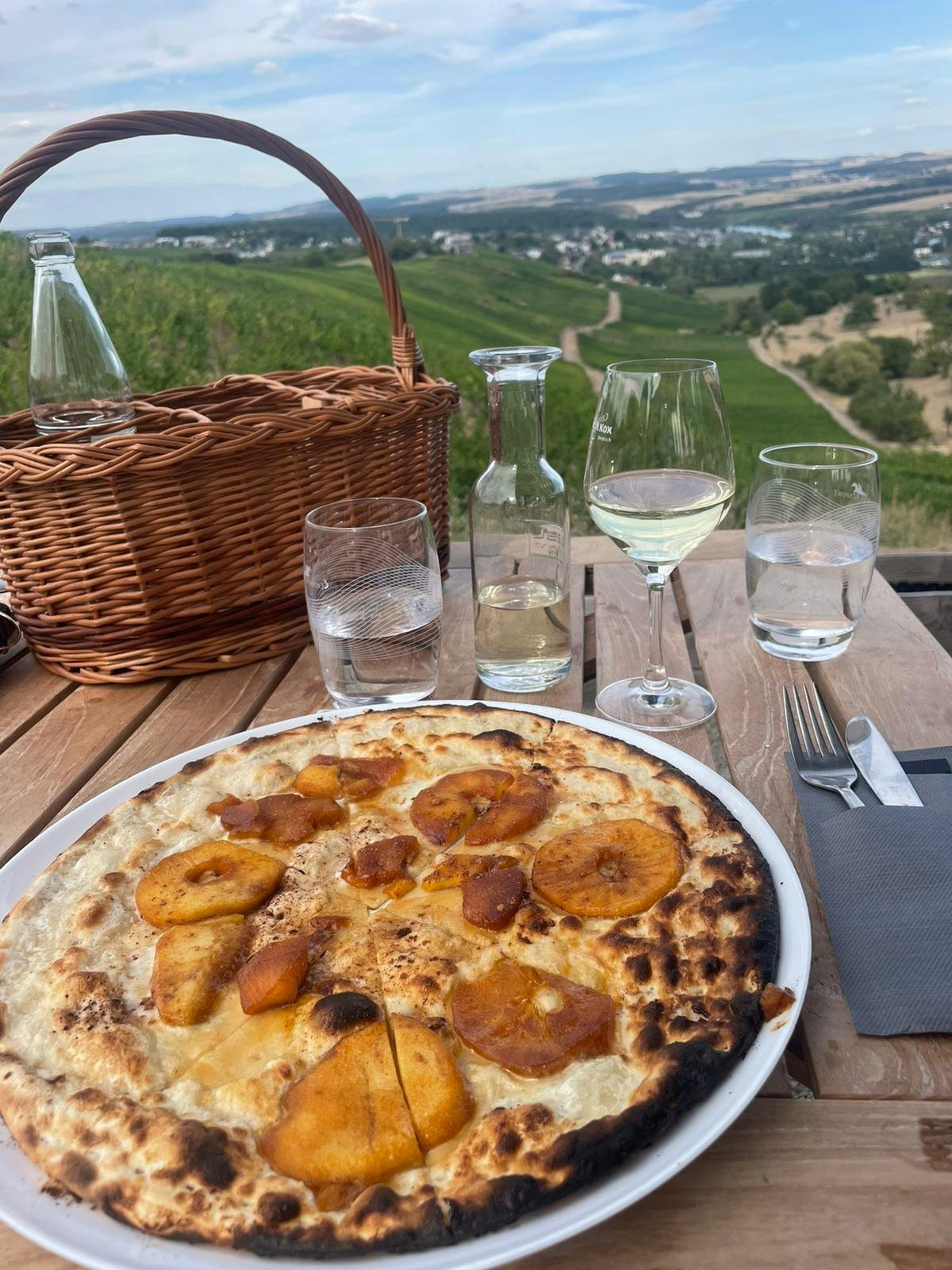 For dessert, a sweet version of tarte flambée with cream, apples, cinnamon and caramel.  Photo: Benoit & Claude Viticulteurs