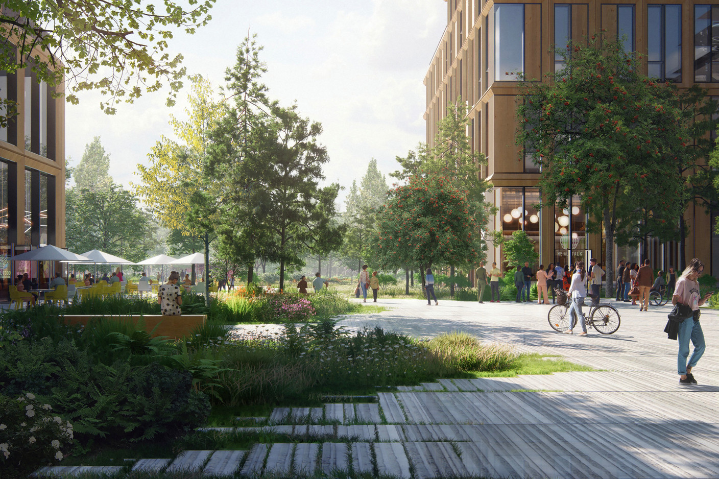 Les futurs usagers du site pourront se déplacer d’un bâtiment à un autre dans un espace libéré de la voiture. (Illustration: A2M, Effekt)
