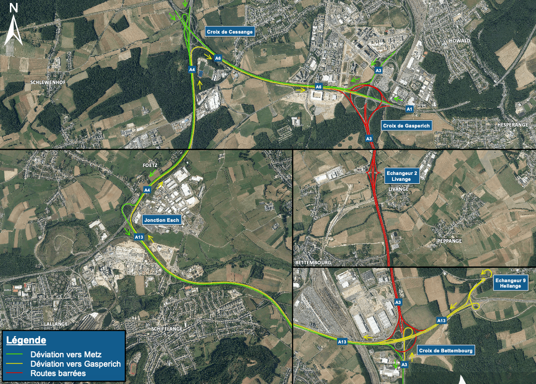 Dans les deux sens, l’A3 sera fermée à la circulation entre Gasperich et Bettembourg. (Illustration: Administration des ponts et chaussées) 