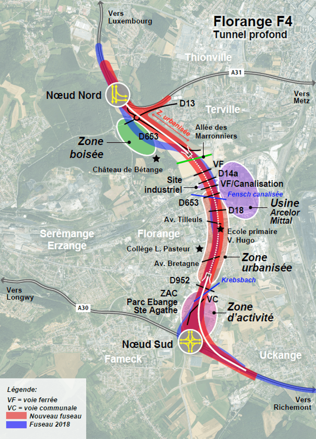 Le tracé F4 prévoit un passage par tunnel profond. (Visuel: préfecture de Moselle)