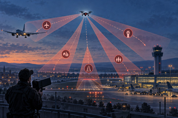 L’attitude face à un drone sur un aéroport civil est une problématique complexe, entre la détection et la décision, qui nécessite un cadre en place et une bonne collaboration entre les acteurs impliqués. (Image d’illustration générée par une intelligence artificielle)