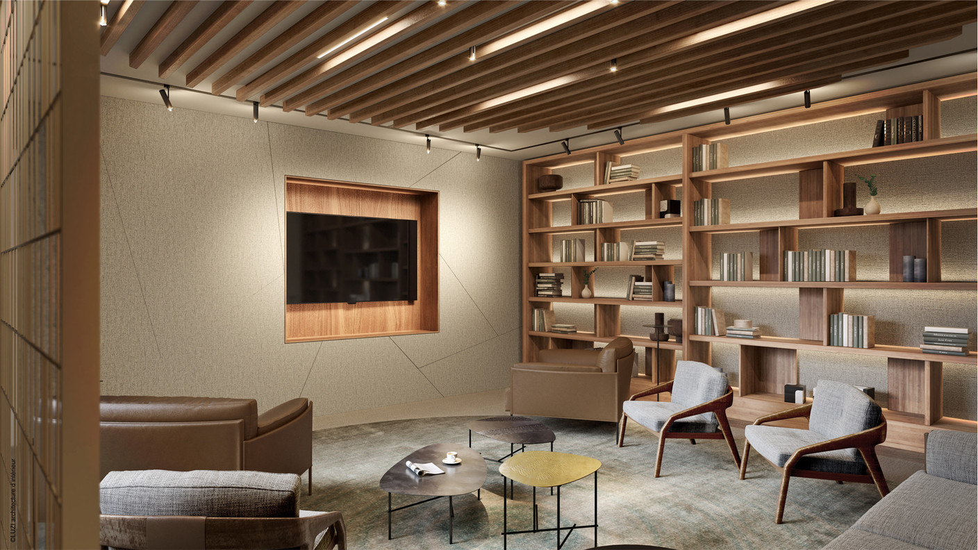 Cet espace lounge est conçu dans un esprit bibliothèque. (Illustration : Luzi sàrl Architecture d’intérieur – Image 3D by Miysis)