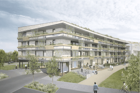 La coopérative d’habitation Adhoc pourra construire son immeuble sur un terrain du Fonds Kirchberg au Réimerwee. (Illustration: BalliniPitt)
