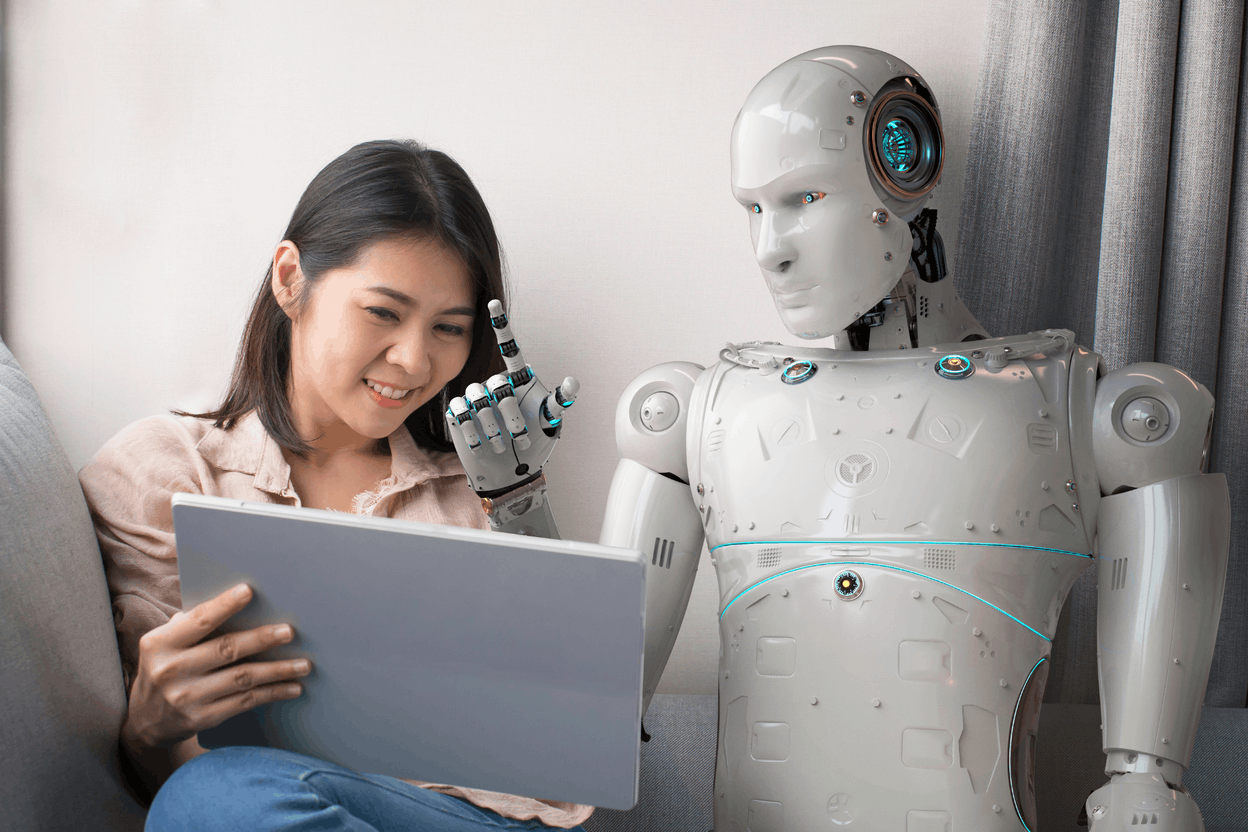 Woman with robot advisor (Credit: Canva license pro)