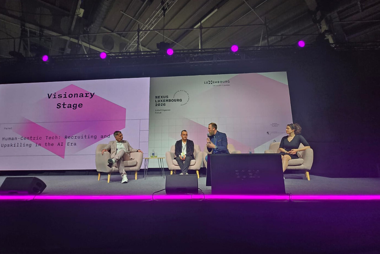From left to right: Serge Linckels, managing director of the Digital Learning Hub, Fateh Amroune, adjunct professor of AI at HEC Liège Luxembourg, Geoffrey Nichil, CEO of Dotika and Meagan Loyst, founder and CEO of Gen Z VCs, discussed how AI is reshaping recruitment, education and the skills needed to thrive in an increasingly AI-driven economy. Photo: Paperjam