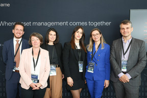 Carne Group’s Vincent Grolier, Anne-Pascale Feis, Aurélie Gratet-Bordas, Selma Ulusoy, Shpresa Miftari and Martin Stanchev seen at the firm’s stand during the Cross-Border Distribution Conference, 16 May 2024. Photo: Marie Russillo/Maison Moderne