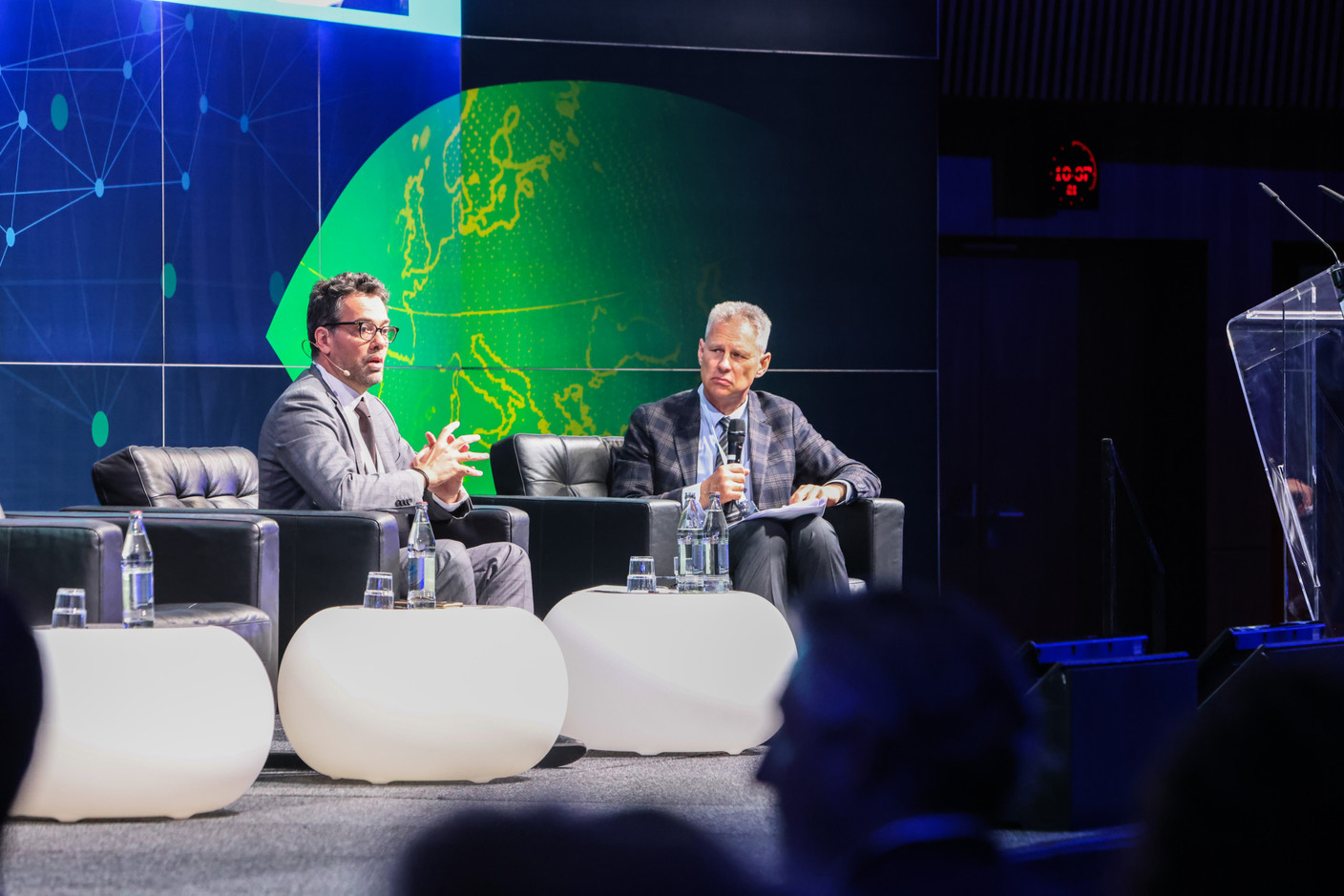 Bertrand Pujol of Amundi speaks with Yuri Bender of the Financial Times during the “What’s the latest in digital wealth distribution?” keynote interview at the Cross-Border Distribution Conference, 16 May 2024. Photo: Marie Russillo/Maison Moderne
