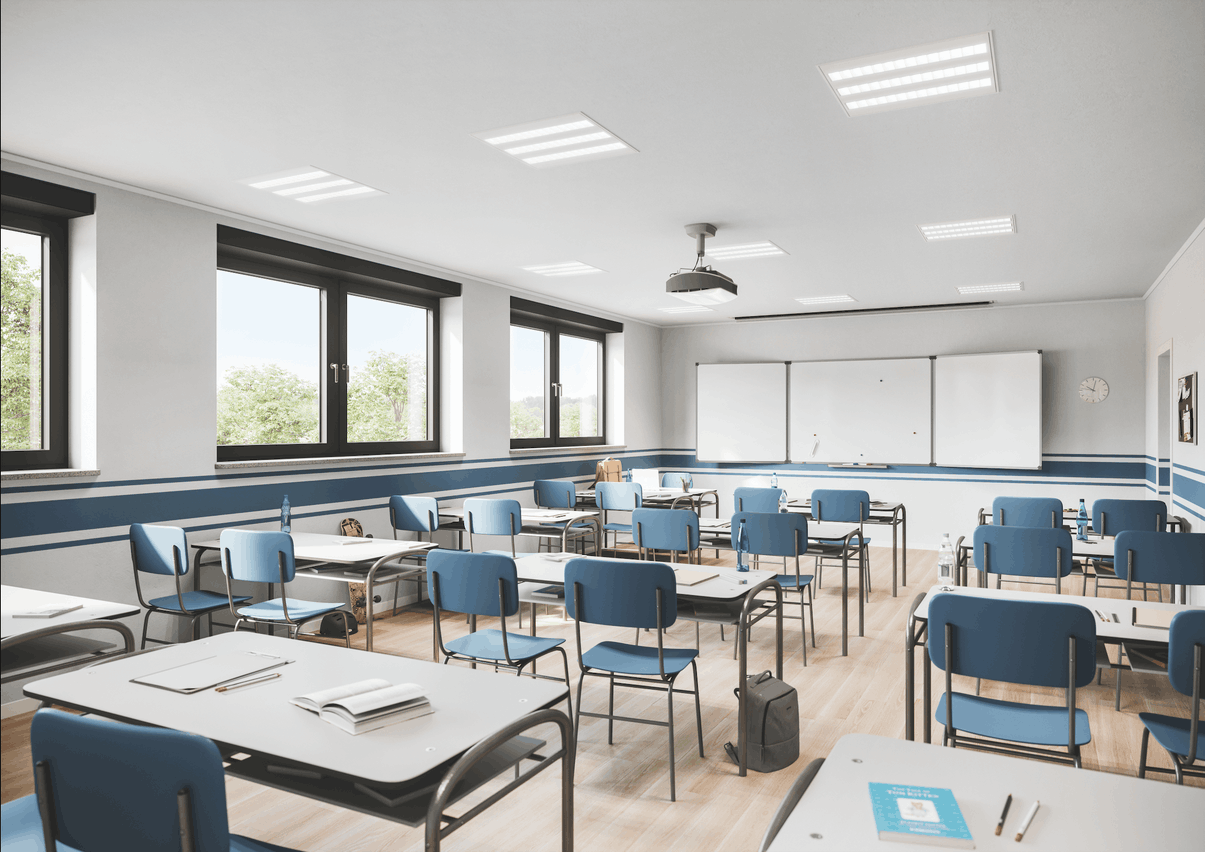 La ventilation régulière des salles de classe fait depuis longtemps partie de la vie quotidienne. Désormais encore plus agréable grâce à la solution de ventilation intégrée de Schüco ©Schüco International KG