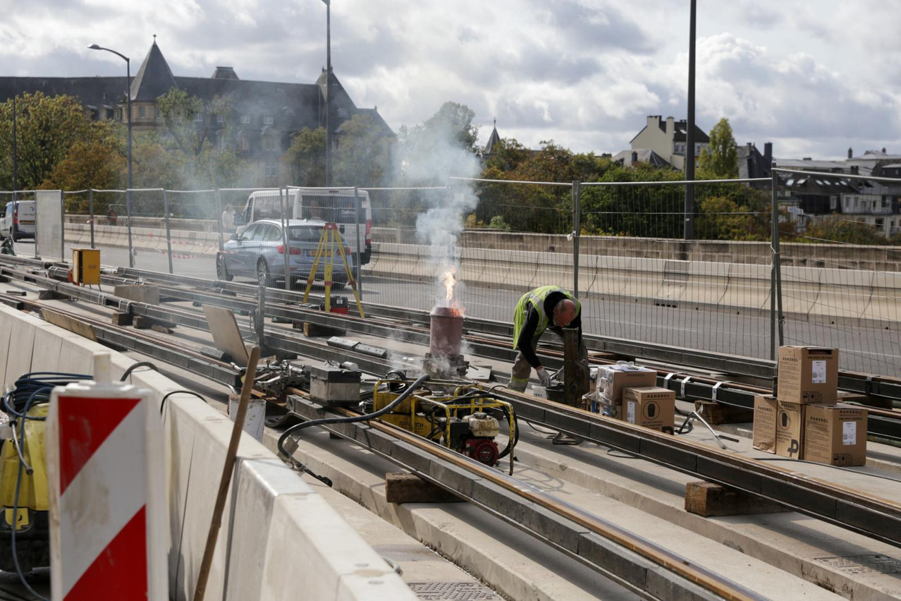 Luxtram will begin to build the new tram line to Findel this month. Preparatory work gets underway on Monday. Library picture: Luxtram construction work seen on the Pont Adolphe, 24 September 2020. Photo: Romain Gamba