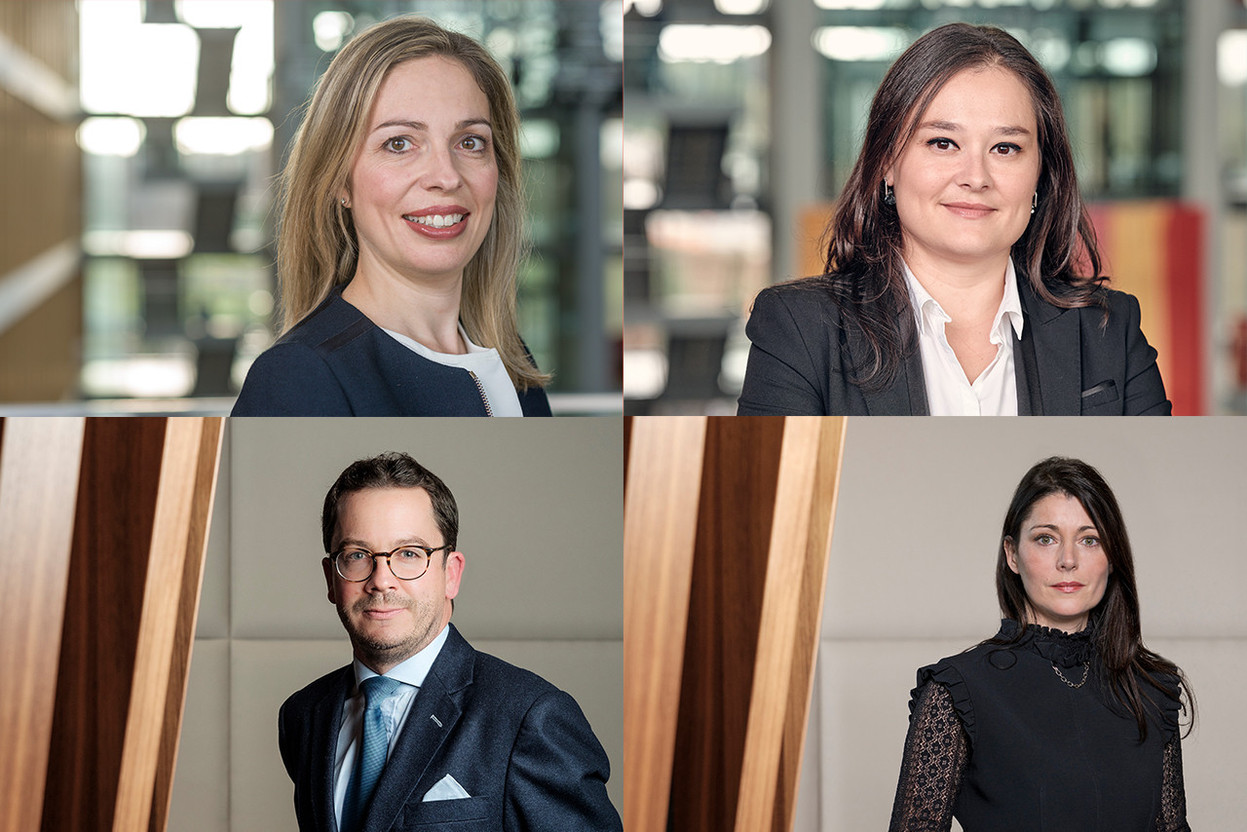 Roxane Haas and Cécile Moser from PwC (top row) and Glenn Meyer and Sandrine Périot from Arendt highlighted the importance of raising awareness and implementing AML/CTF policies. Photos: PwC Luxembourg (top row), Arendt (bottom row), editing by Maison Moderne