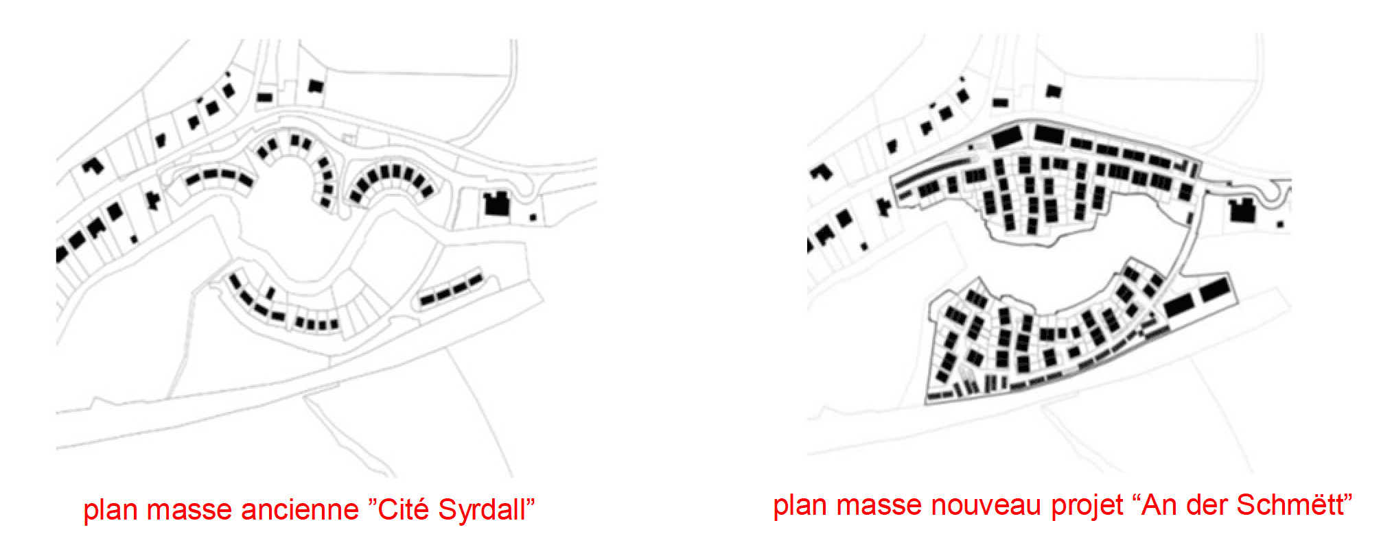 Comparaison des plans masse entre la cité Syrdall et le projet An der Schmëtt. (Illustration: Fonds du logement)