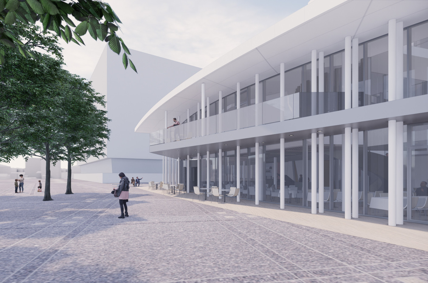 The restaurant terrace will continue to overlook the Place de l’Europe and will be topped by a large balcony. Illustration: 2 P Architectes & Associés, CBA Architectes