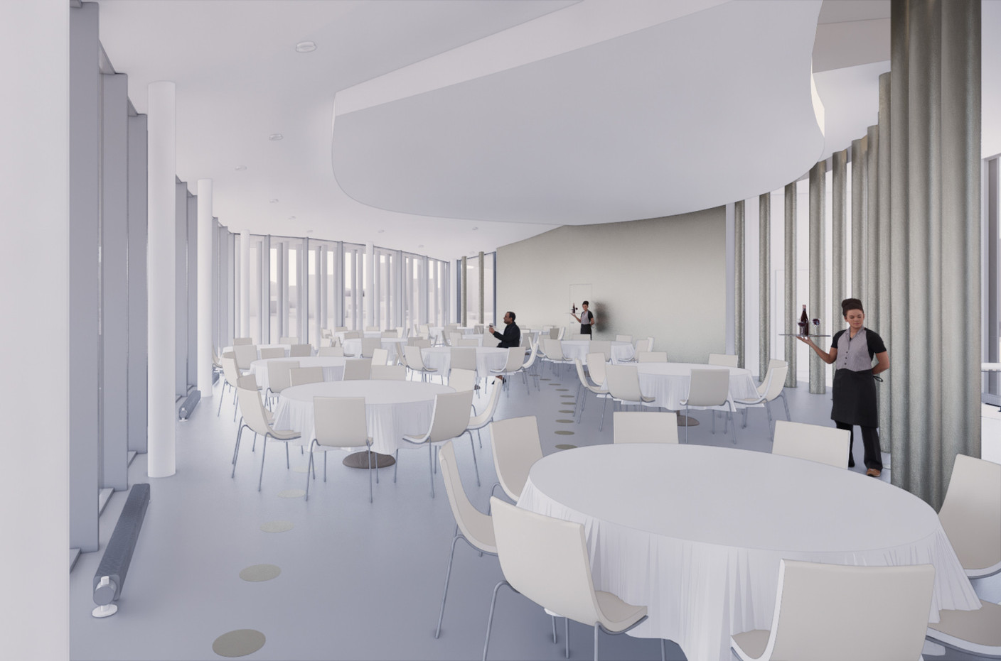 The interior features the Philharmonie's distinctive colonnade. Illustration: 2 P Architectes & Associés, CBA Architectes