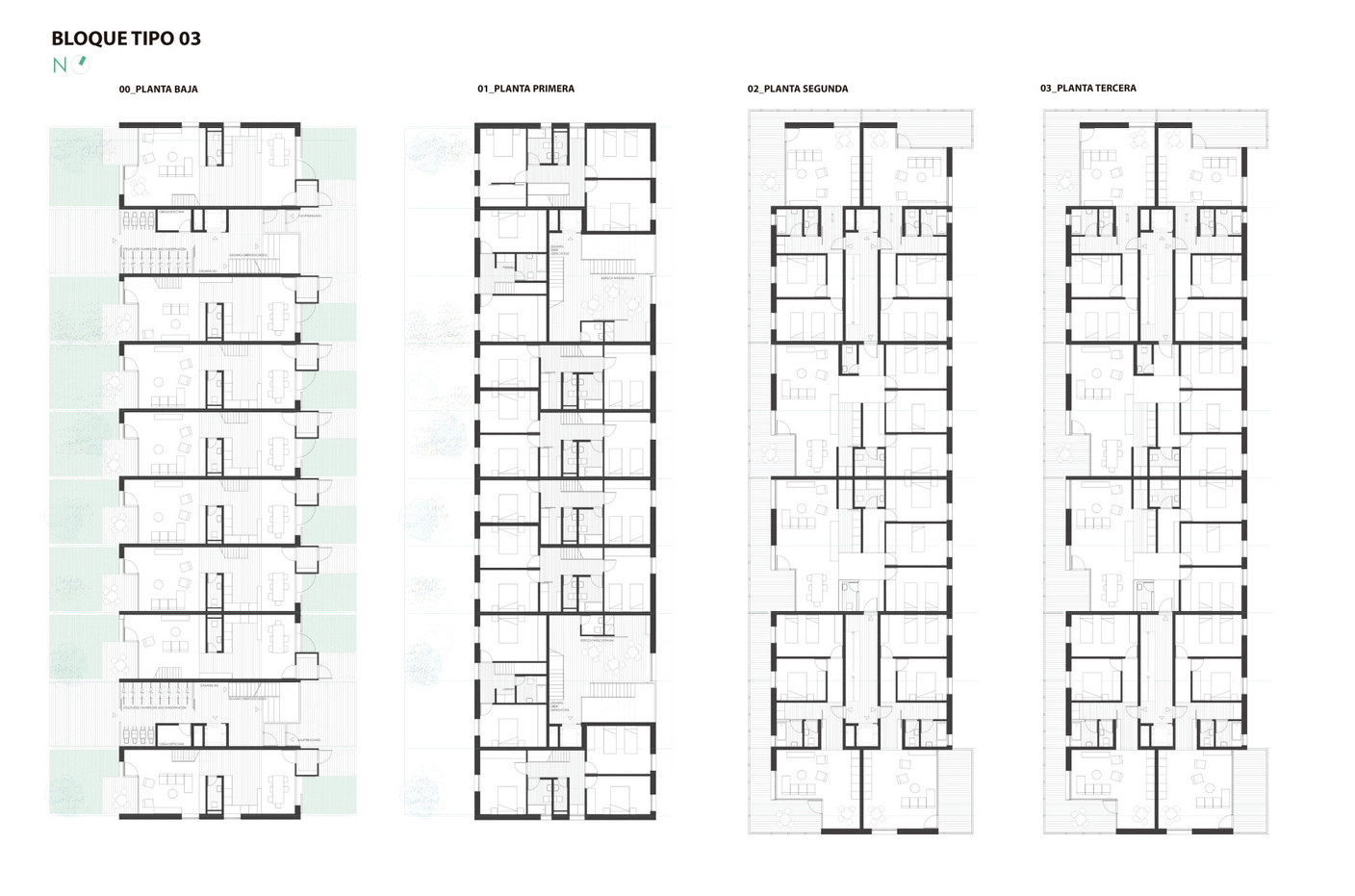 Plans of the flats in Block 2 (duplexes on the ground and first floors, then flats) Illustration: Amann.Cánovas.Maruri