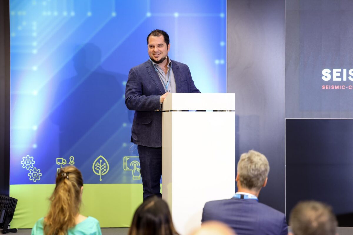 Andy Schmidt, cofounder and chief community officer of Seismic, giving a keynote at Smart Manufacturing Week in June 2022 Handout photo