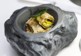 Leeks from Les Paniers de Sandrine, served with hazelnuts and candied lemon.  Photo: Guy Wolff/Maison Moderne