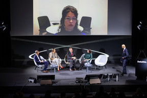 Monica Heslington (Goldman Sachs Family Office), on screen, along with Thomas Galbraith (Barker), Masha Faurschou (Artrium), Italo Carli (Arte Generali Italy) and Sophie Perceval (Wondeur) participated in a panel that focused on family offices' best practices for collection management & opportunities offered by new technologies and fractional ownership during the 15th Deloitte Private Art & Finance Conference, which took place on 21 November 2023. Andrea Circi (Deloitte Italy) was the moderator. Photo: Romain Gamba/Maison Moderne