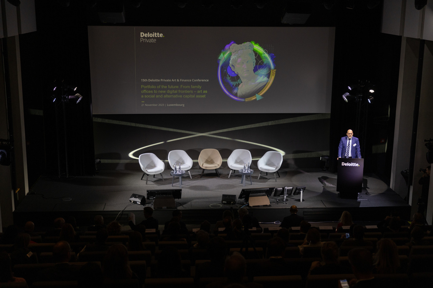 Adriano Picinati di Torcello gave introductory remarks during the 15th Deloitte Private Art & Finance Conference, which took place on Tuesday 21 November 2023. Photo: Romain Gamba/Maison Moderne