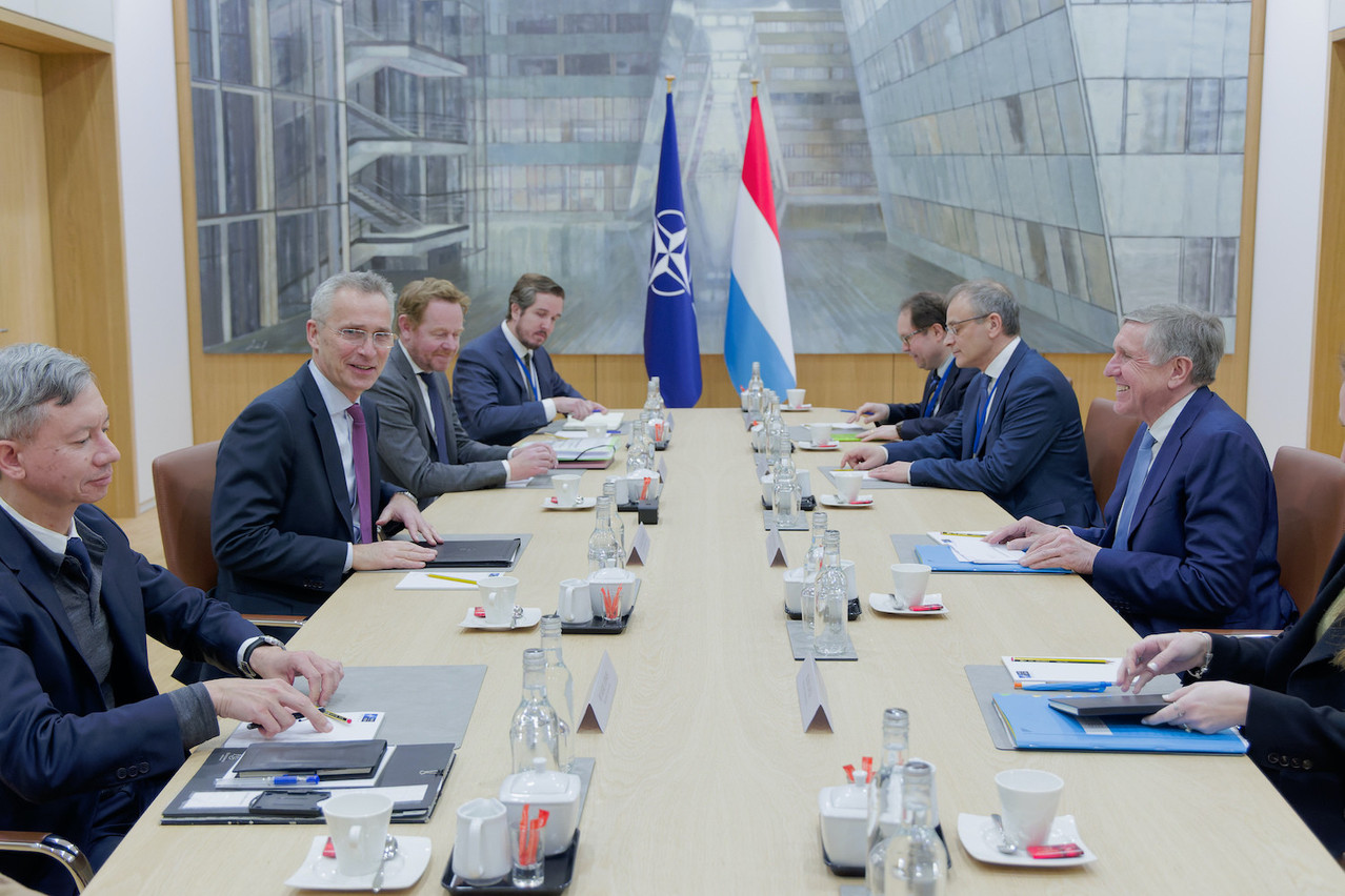 Nato secretary general Jens Stoltenberg (centre left) and defence minister François Bausch (centre right) pictured at a meeting in April 2023. Luxembourg has repeatedly resisted Nato calls to increase its defence spending past plans to disburse 1% of GDP on the military by 2028 Library photo: NATO