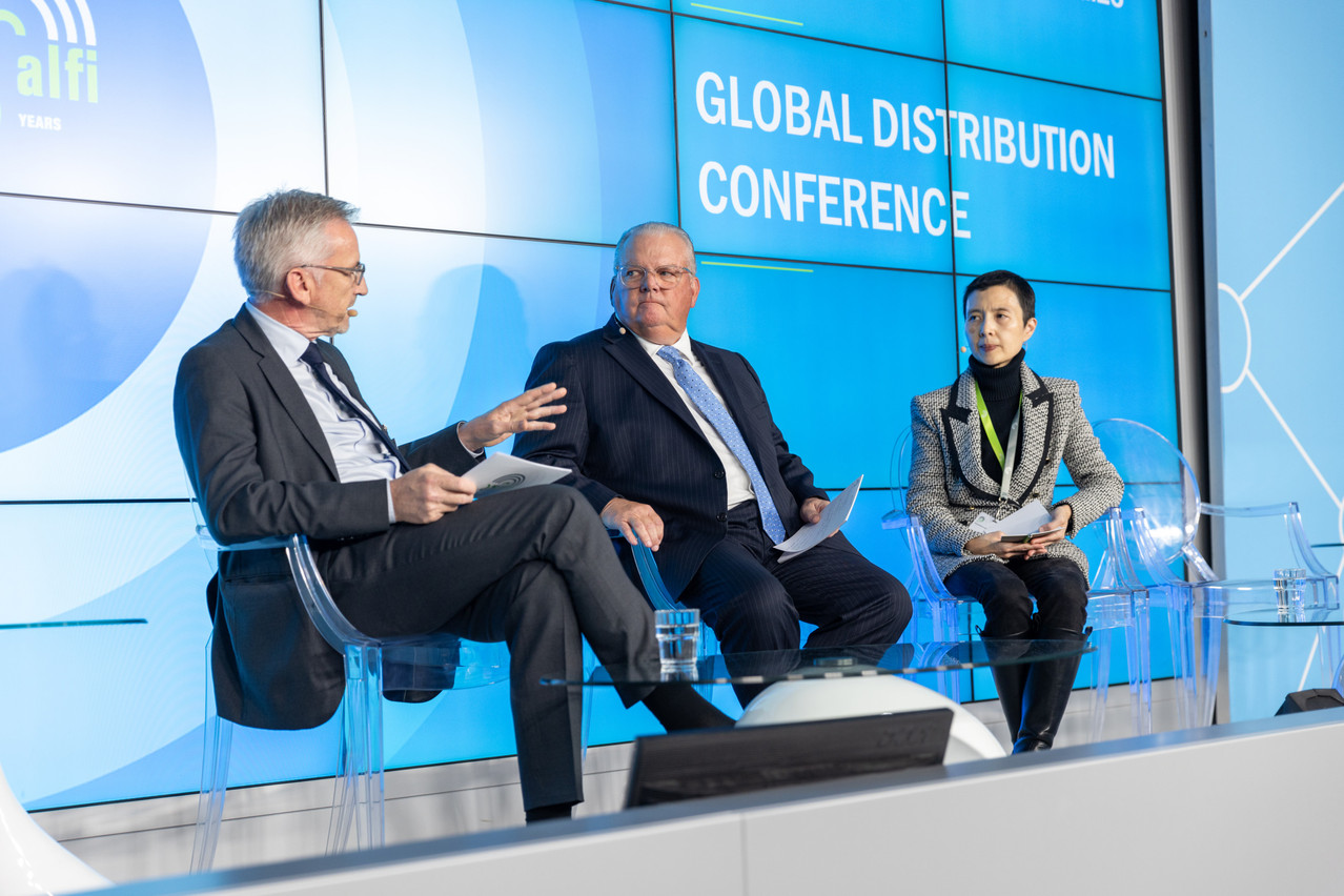 Delano attended the Global Distribution Conference, organised by the Association of the Luxembourg Fund Industry (Alfi) at the European Convention Centre on 20 September 2023. Pictured: Camille Thommes (Alfi), Jim Fitzpatrick (Nicsa) and Sally Wong (Hong Kong Investment Funds Association). Photo: Romain Gamba