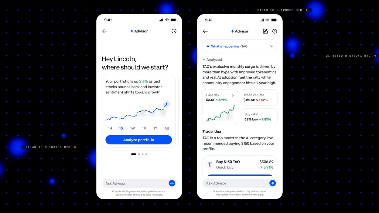 Among the new features, Coinbase Advisor is an in-app assistant that provides recommendations and advice directly to users. It is a financial adviser registered with the SEC and the CFTC. (Image: Coinbase)